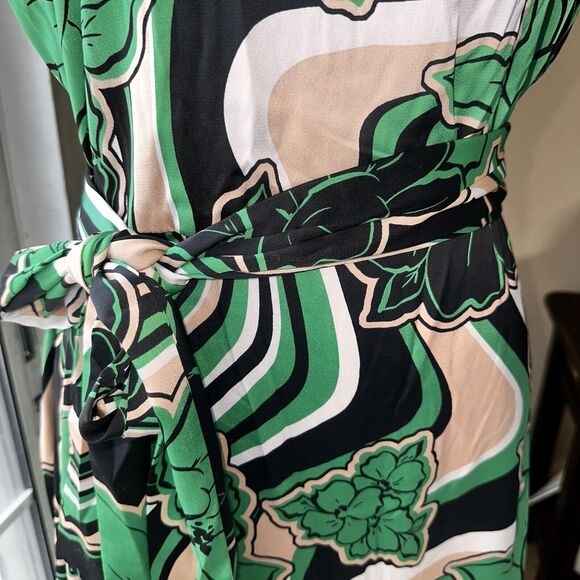 NWT Anne Klein Floral Green Black White Belted Midi Dress Women's Size 4 $139 - Picture 5 of 15